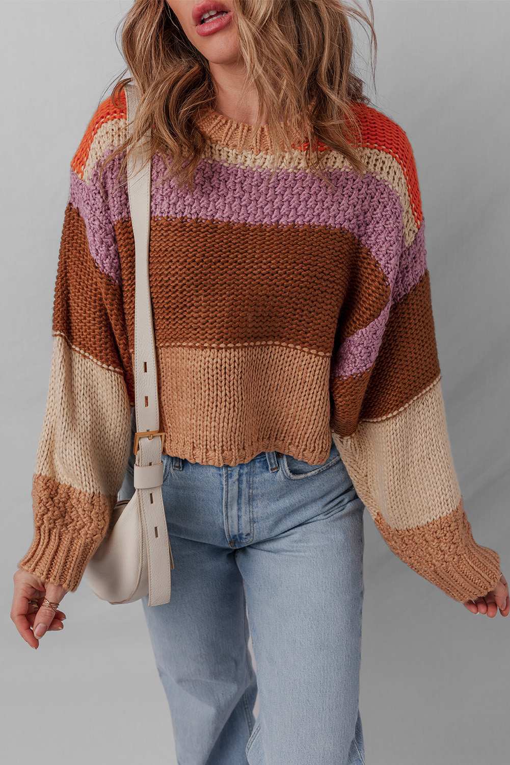 Women's Sweater, Multicolour, Cropped, Colorblock, Drop Shoulder, Knitted, Casual Style, Round Neck, Long Sleeve, Fall Fashion, Cozy Wear, Versatile Piece, Daily Occasions, Sweaters & Cardigans - Detail View 8