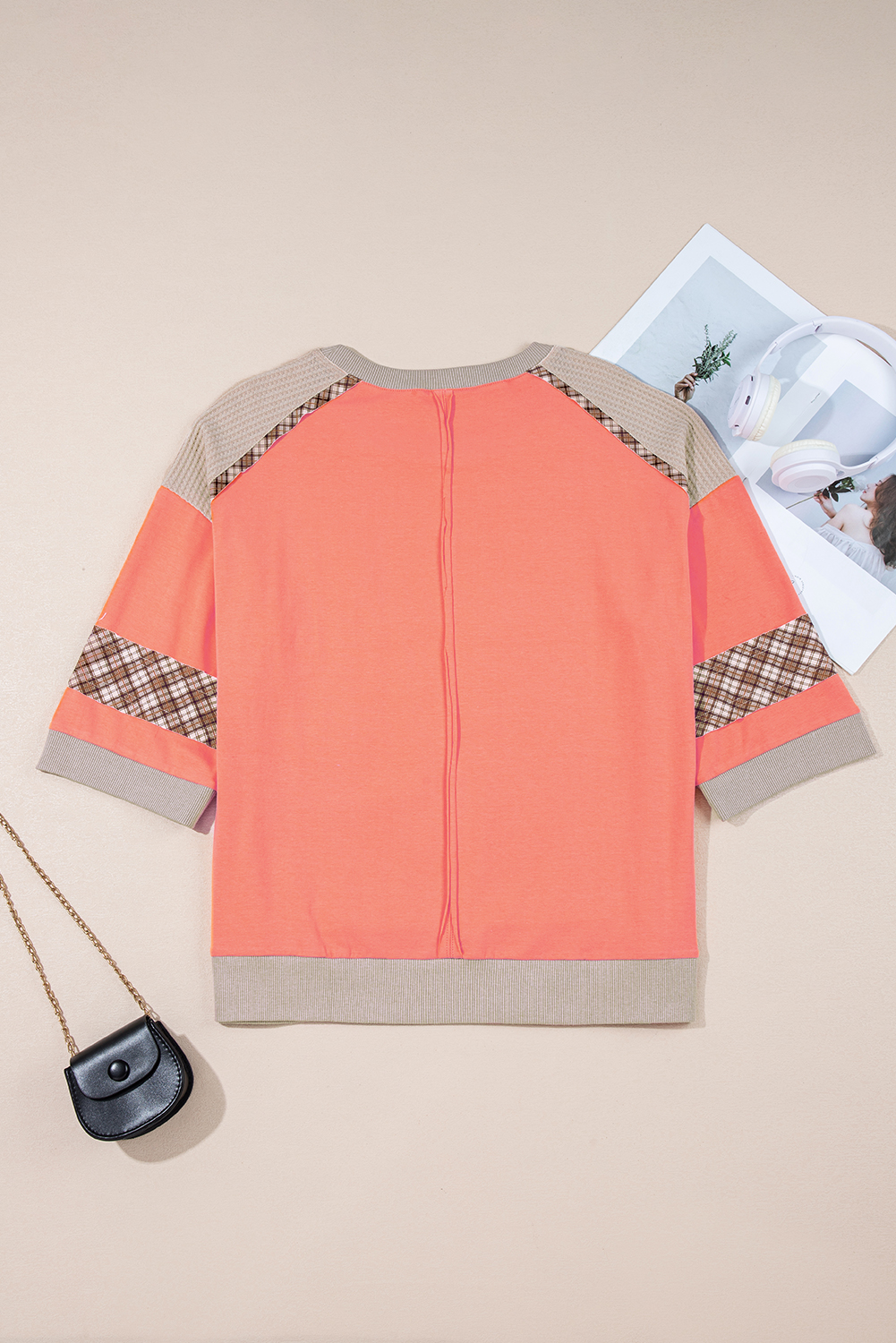 Stylish Women's Round Neck Plaid Patchwork Top with Bracelet Sleeves - Detail View 7