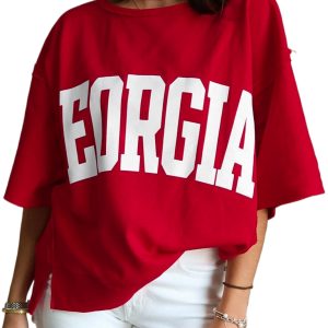 Women's Racing Red GEORGIE Letter Printed Loose Tee – Casual Summer Style for Everyday Wear