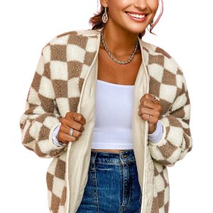 Women's Brown Checkered Sherpa Jacket – Cozy Buttoned Front Design for Daily Style - Main View