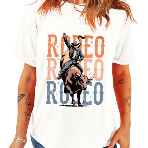 Women's White Cowboy RODEO Graphic Western T-Shirt - Casual Summer Tee - Main View