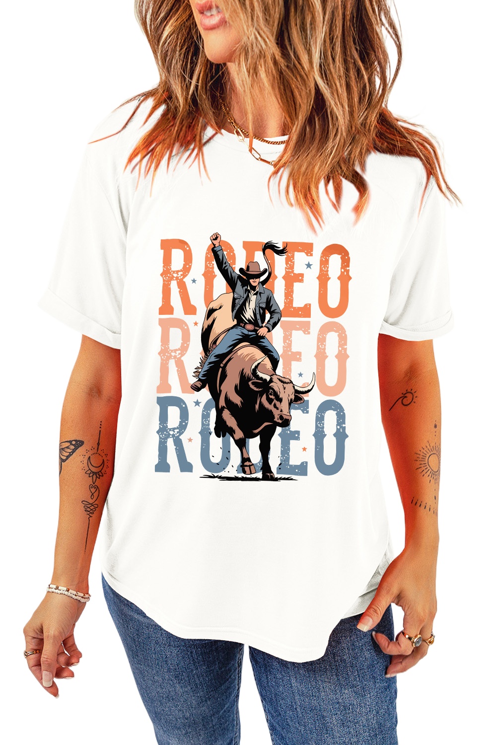 Women's White Cowboy RODEO Graphic Western T-Shirt - Casual Summer Tee - Main View