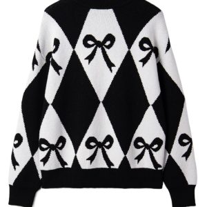 Women's Black Bow Print 2-Tone Rhombus Knit Sweater – Casual Fall Style for Daily Wear - Main View