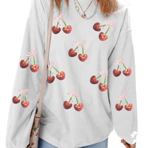 Women's White Corded Ribbed Sequin Cherry Bow Sweatshirt – Casual Autumn Style