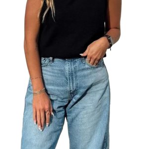Women's Denim Collar Knit Sweater Vest – Black Patchwork Sleeveless Top for Casual Western Style - Main View