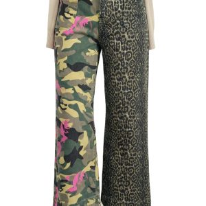 Women's Camouflage and Leopard Print Patchwork Jeans – High Waist Straight Leg Denim, Casual Streetwear Style - Main View