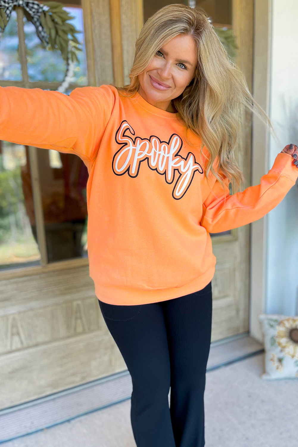 Grapefruit Orange Halloween Graphic Crew Neck Sweatshirt for Women - Detail View 5