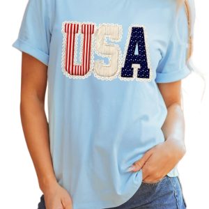 Women's Light Blue USA Printed T-Shirt – Patriotic Short Sleeve Round Neck for Summer & Flag Day
