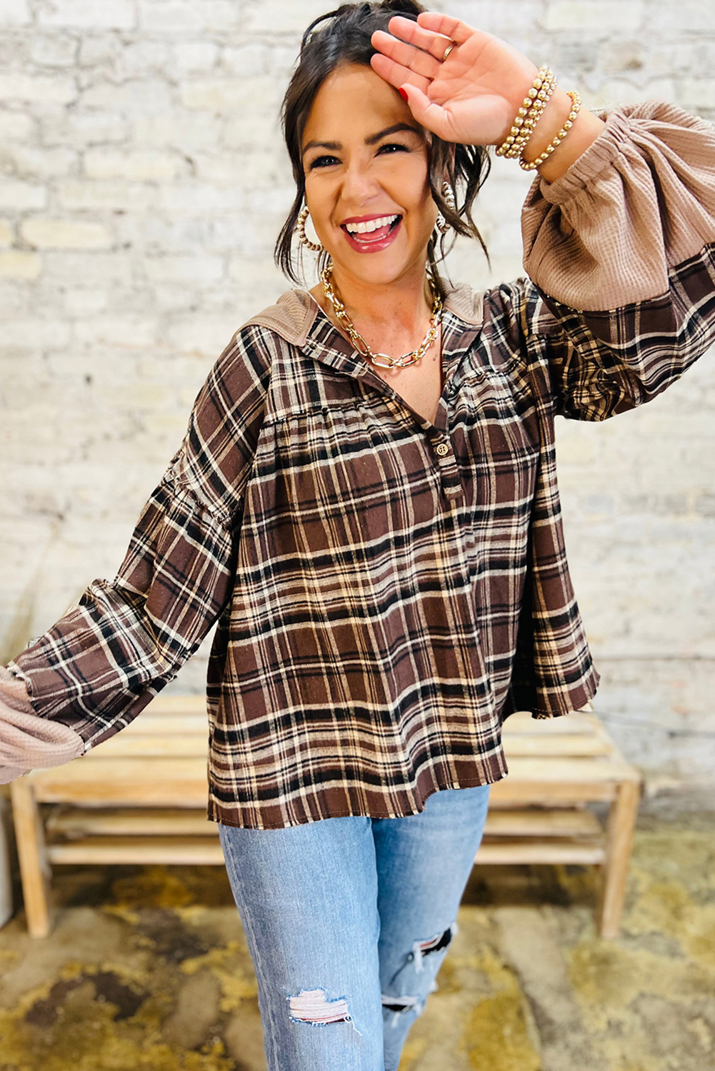 Women's Brown Plaid Patchwork Long Sleeve Hooded Blouse for Casual Wear - Detail View 5