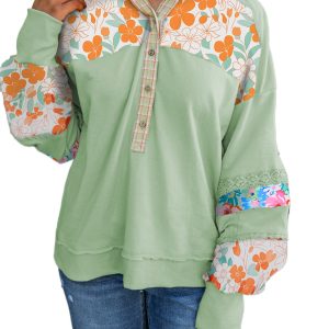 Clearly Aqua Lace Floral Patchwork Half Button Hooded Pullover for Women - Main View