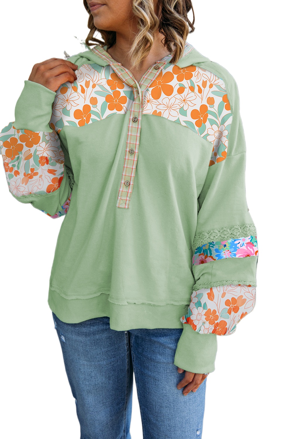 Clearly Aqua Lace Floral Patchwork Half Button Hooded Pullover for Women - Main View
