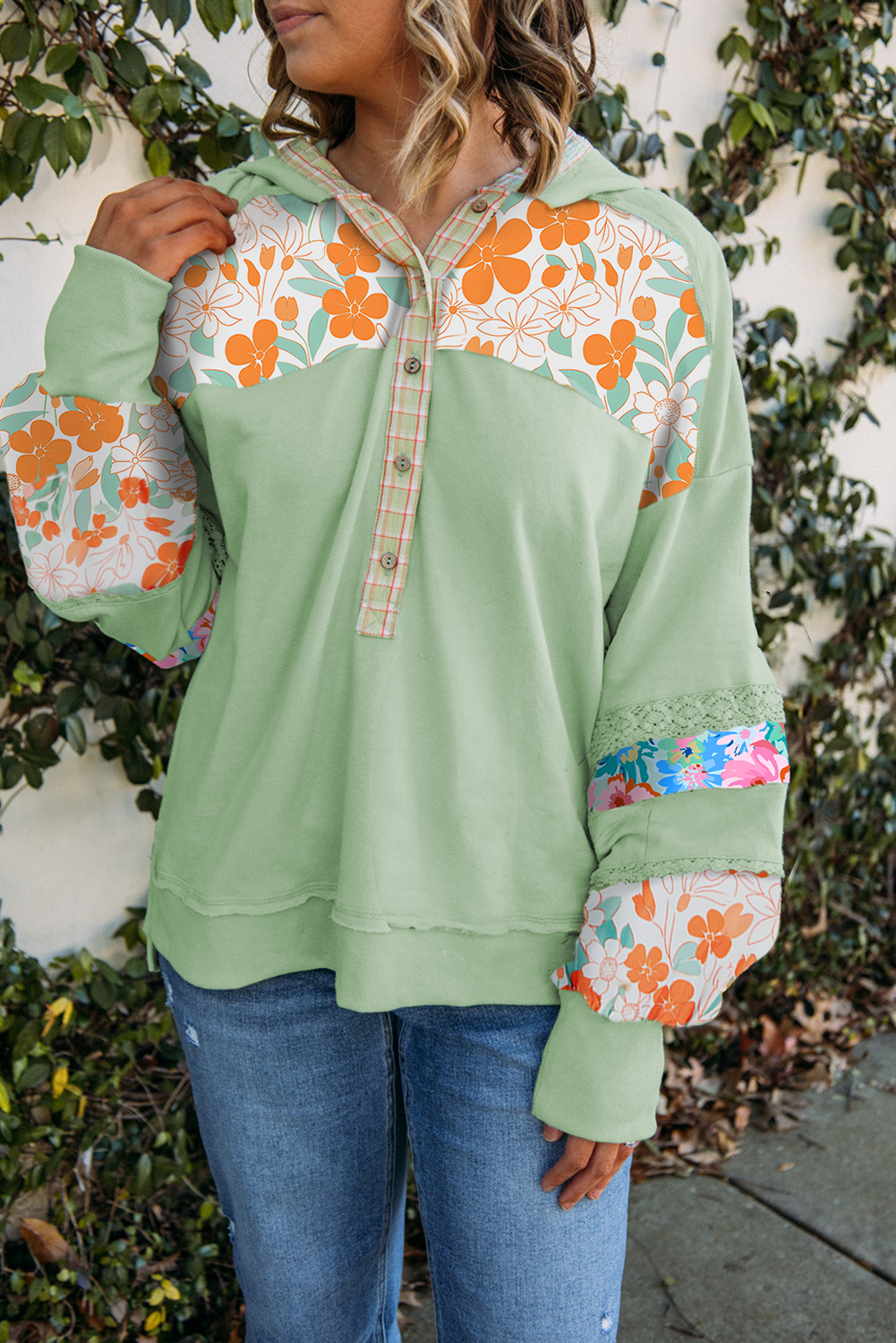 Women's Hoodie, Clearly Aqua, Lace Detail, Floral Patchwork, Half Button, Casual Style, Long Sleeve, Fall Fashion, Outdoor, Beach Wear, Daily Wear, Vacation Outfit, Southern Belle, Comfortable Pullover - Detail View 12