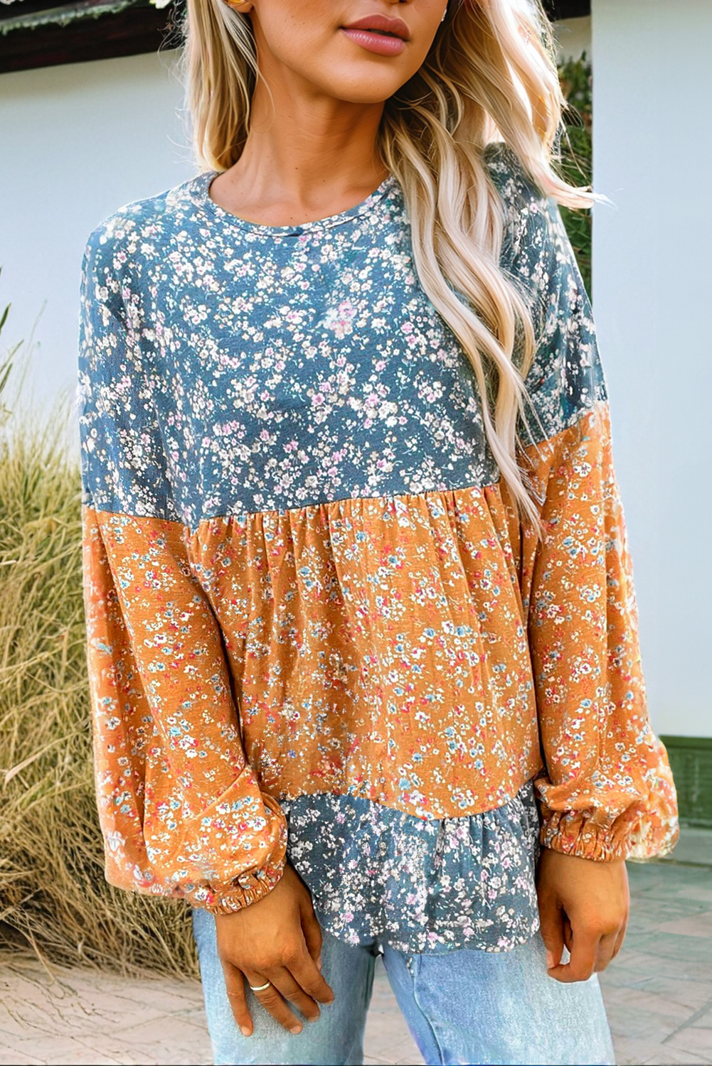 Women's Orange Floral Color Block Patchwork Ruffled Hem Round Neck Blouse - Stylish Southern Belle Design - Detail View 9