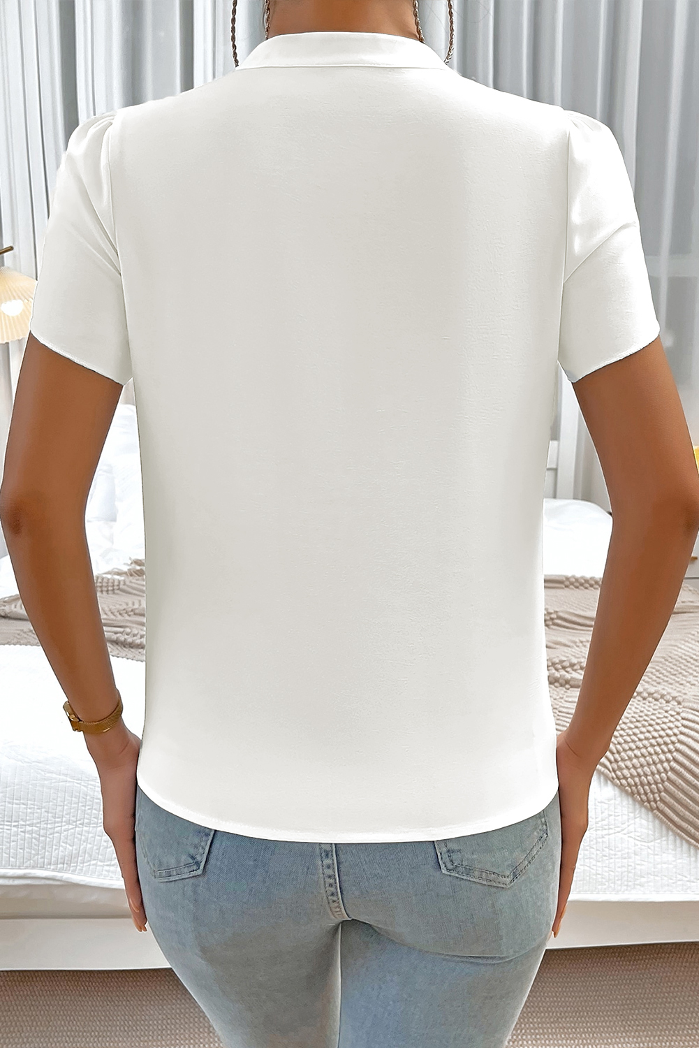 Casual Modern Solid White Blouse with Petal Sleeves - V Neck Design - Detail View 2