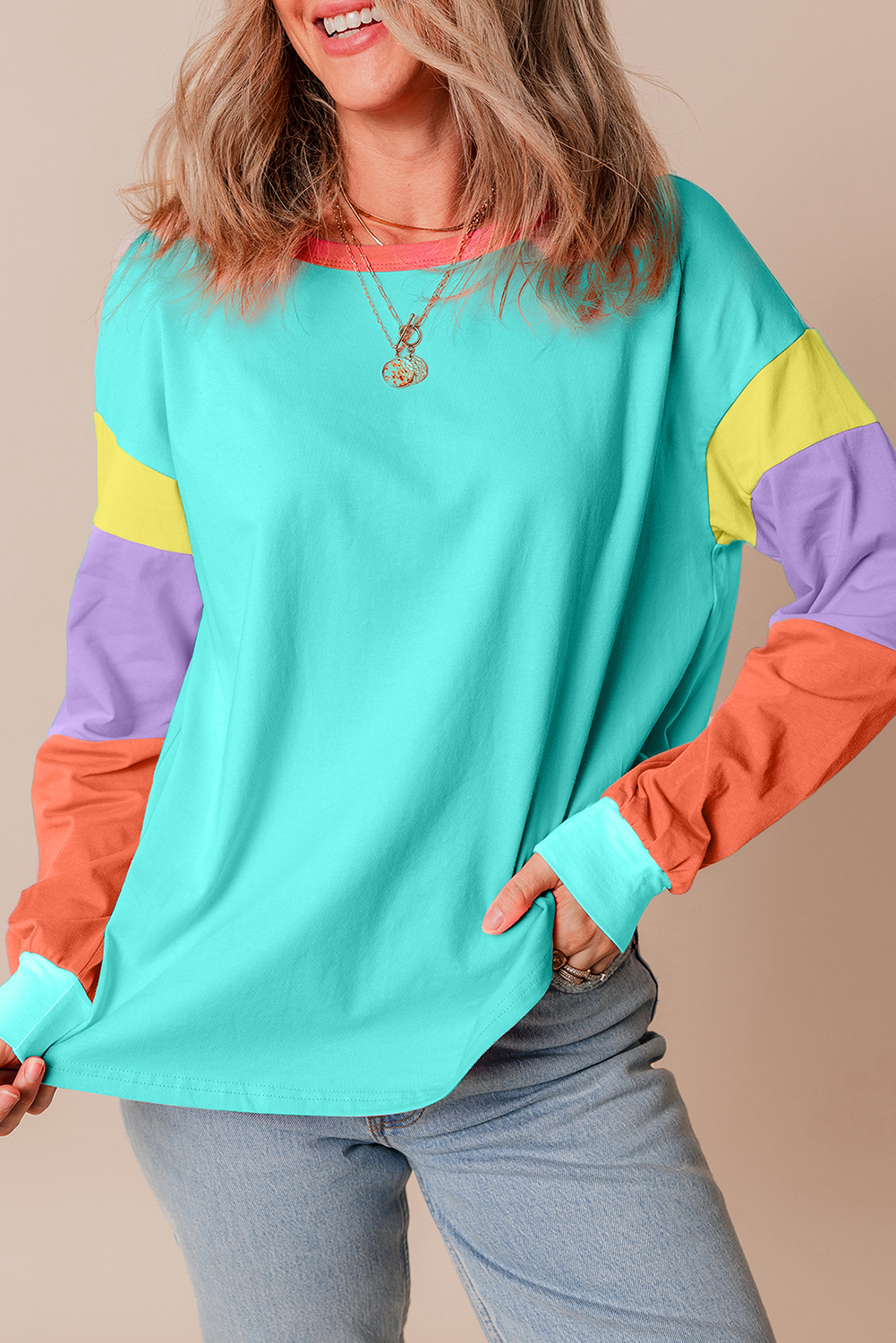 Trendy Light Blue Color Block Long Sleeve Top with Patchwork Design - Detail View 6