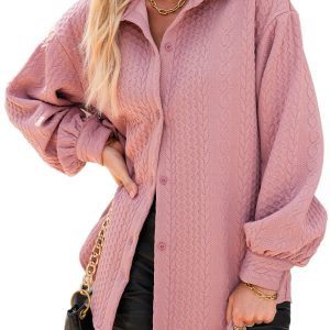 Women's Sepia Rose Cable Texture Puff Sleeve Shacket for Daily Wear