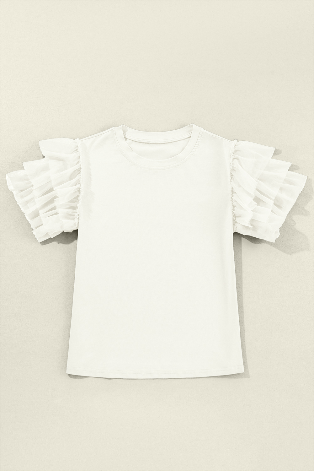 Women's Blouse, White Tulle, Ruffle Sleeve, Casual Wear, Daily Outfit, Southern Belle Style, Summer Fashion, Comfortable, Shift Silhouette, Round Neck, 95% Cotton, Elegant Design - Detail View 8