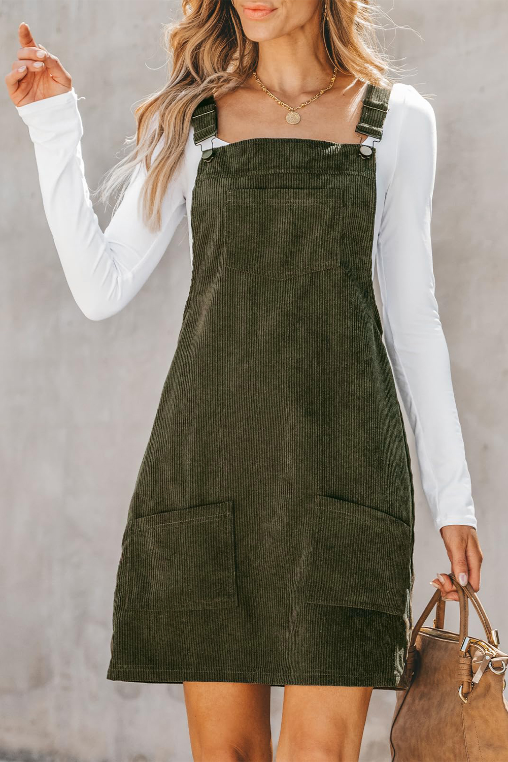 Women's Casual Solid Color Overall Dress with Straps and Pockets - Fall & Winter Essential - Detail View 11