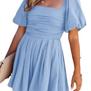 Women's Square Neck Ruched Romper – 100% Cotton Puff Sleeve Short Jumpsuit, Casual Summer Style - Main View