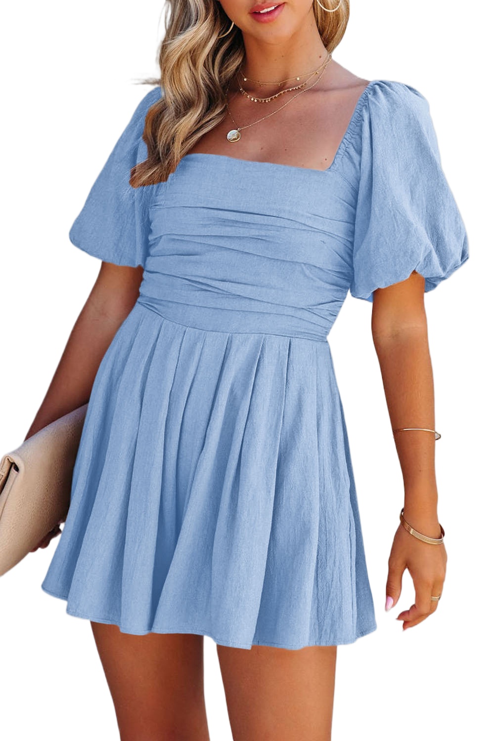 Women's Square Neck Ruched Romper – 100% Cotton Puff Sleeve Short Jumpsuit, Casual Summer Style - Main View