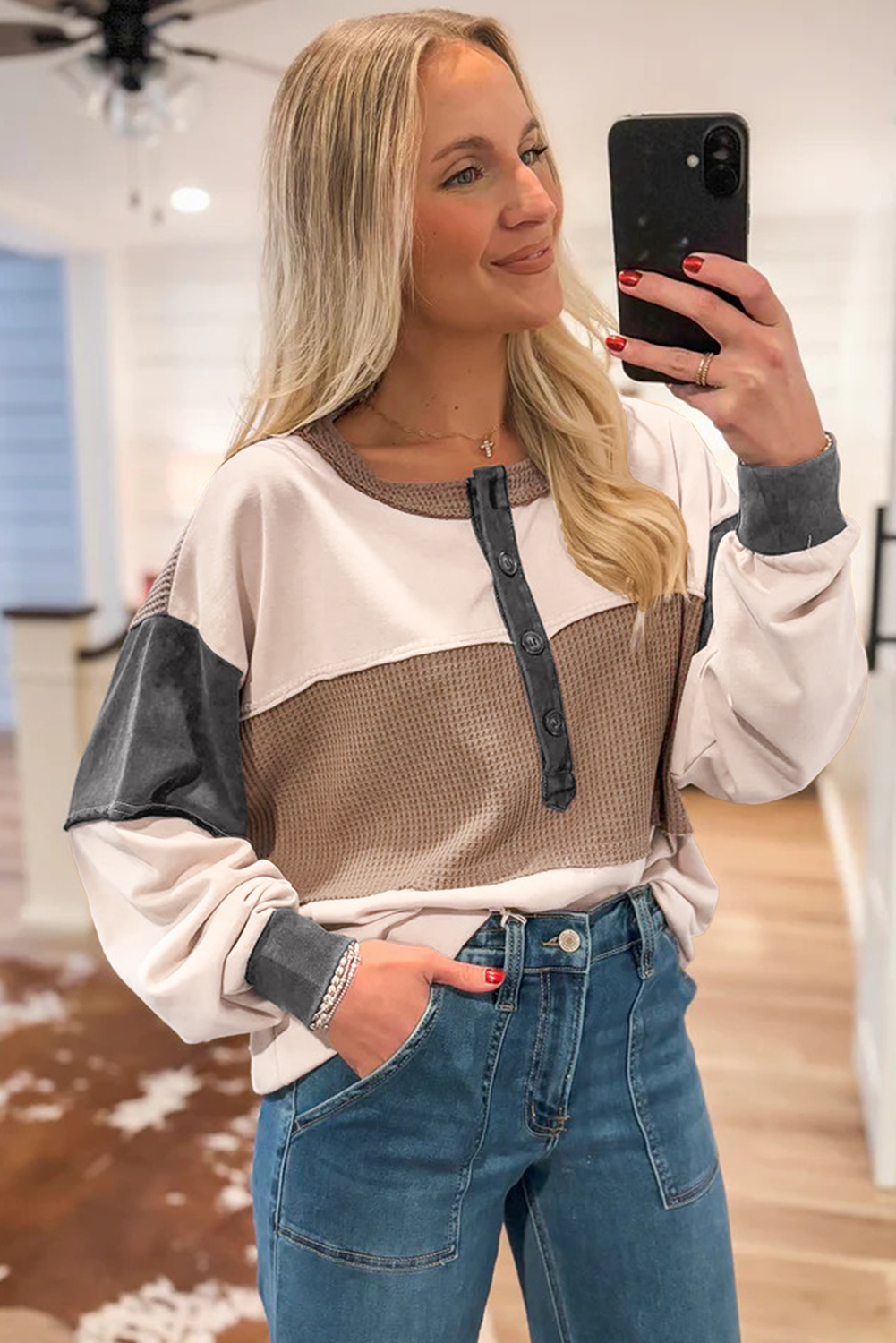 Women's Jet Stream Color Block Waffled Patchwork Loose Henley Top - Detail View 5