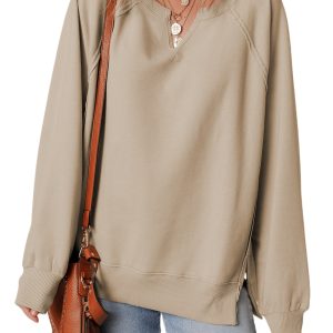 Women's Parchment Raw Edge Exposed Seam Raglan Sleeve Sweatshirt with Side Slit - Main View