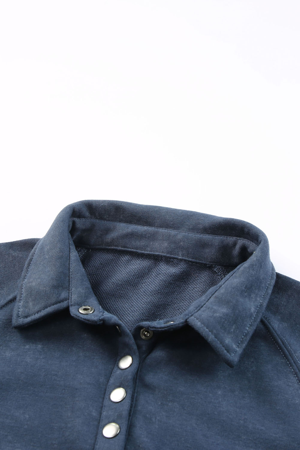 Stylish Blue Washed Pullover Sweatshirt with Snap Buttons and Lantern Sleeves - Detail View 9