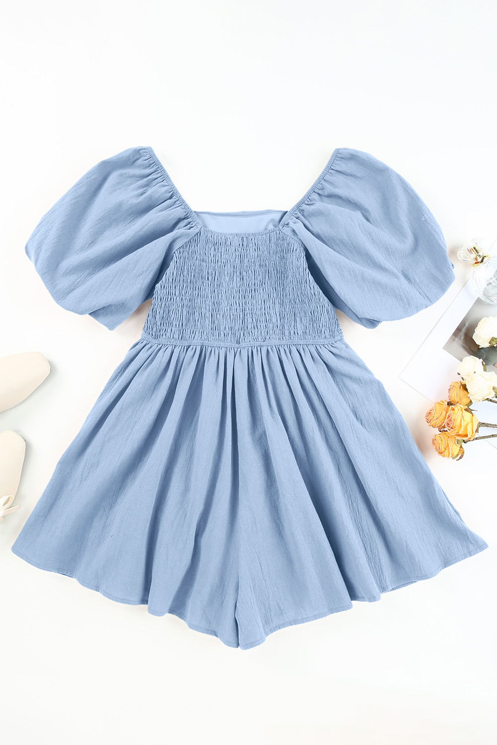 Summer Cotton Romper for Women – Solid Color Ruched Square Neck One-Piece with Puff Sleeves - Detail View 14