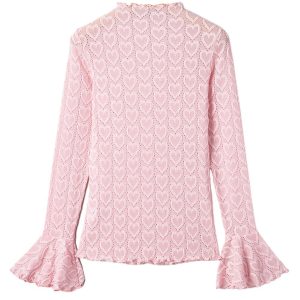 Women's Gossamer Pink Heart Top – Flare Sleeve Fitted Mock Neck for Night Out