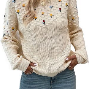 Women's Jet Stream Floral Embroidered Knit Sweater – Mixed Texture Casual Daily Wear
