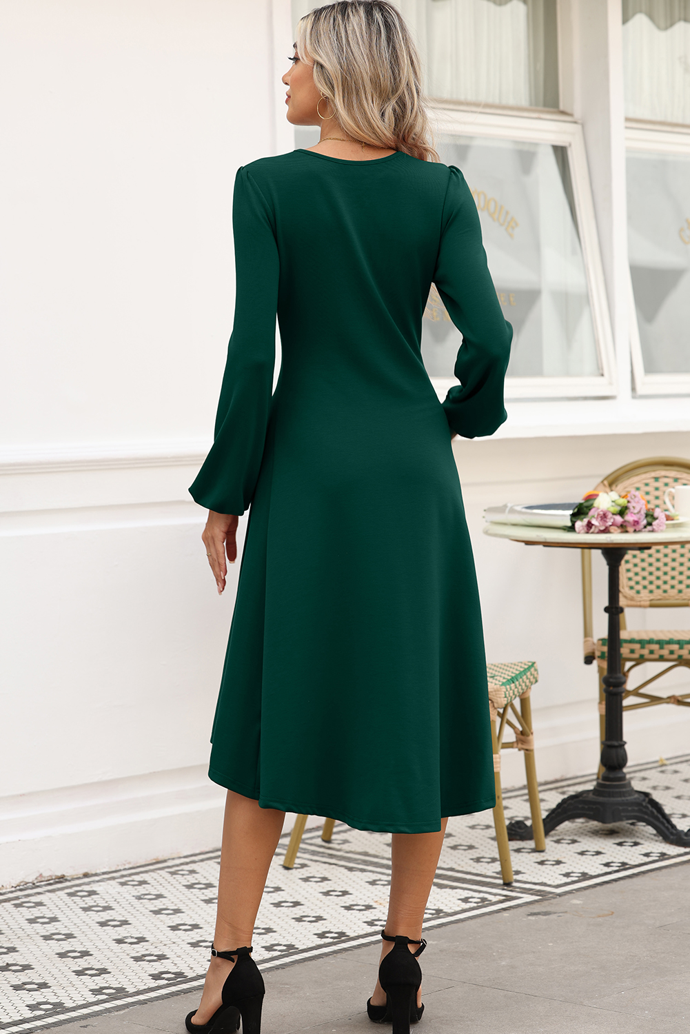 Chic Fit and Flare Long Sleeve Dress in Blackish Green - Perfect for Daily Wear - Detail View 2