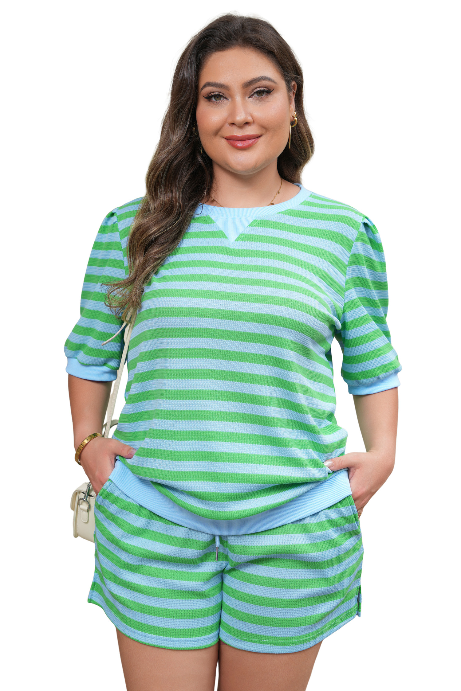 Women's Green Stripe 2-Piece Outfit – Puff Sleeve Top and High Waist Drawstring Shorts Set - Main View