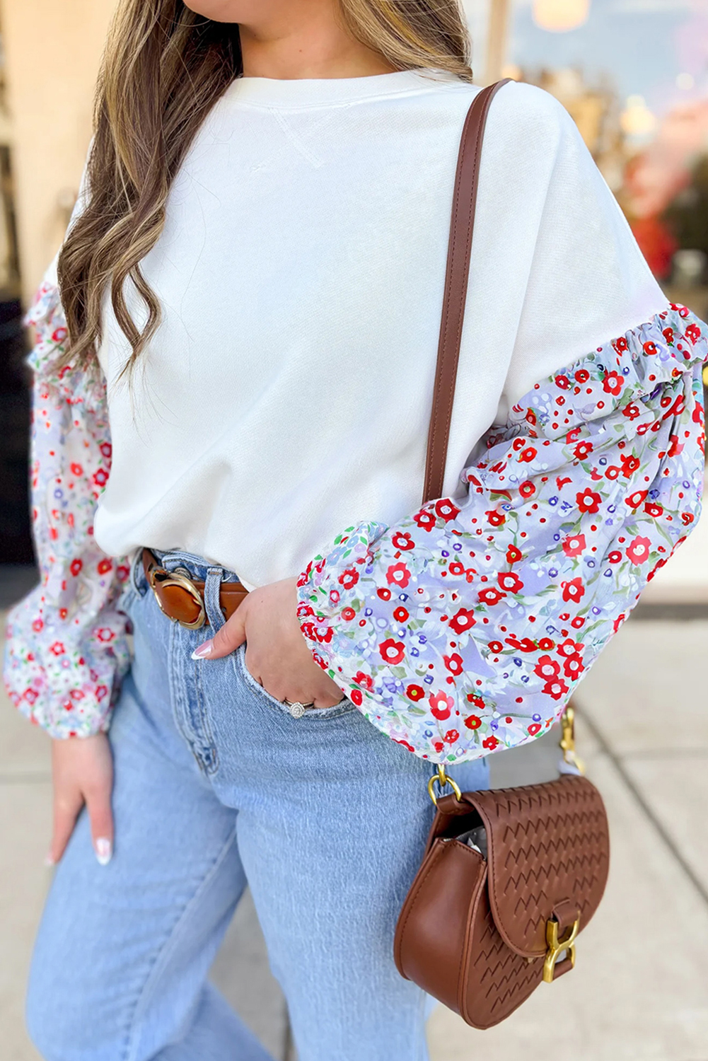 Stylish Long Sleeve Patchwork Blouse with Floral Balloon Sleeves and Ruffled Detail - Detail View 2