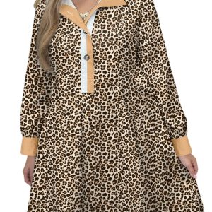 Women's Khaki Button-Up Leopard Print Flared Dress – Stylish Long Sleeve Casual Look