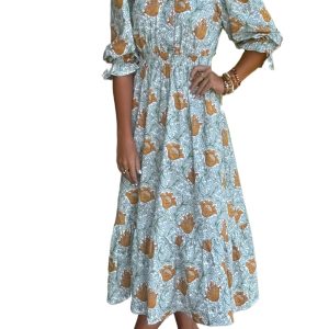 Women's Brown Floral Printed Long Dress – Bohemian V Neck Style for Daily Wear