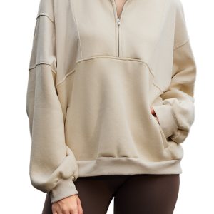 Women's Oversized Apricot Half Zip Sweatshirt – Casual Long Sleeve Daily Wear
