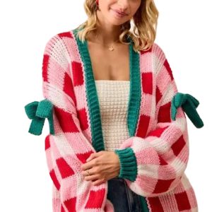 Women's Pink Plaid Knit Cardigan with Bow Knot – Casual Daily Layering