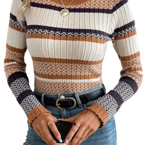 Women's Brown Stripe Knitted Ribbed Trim Slim Sweater for Casual Fall Outfits - Main View