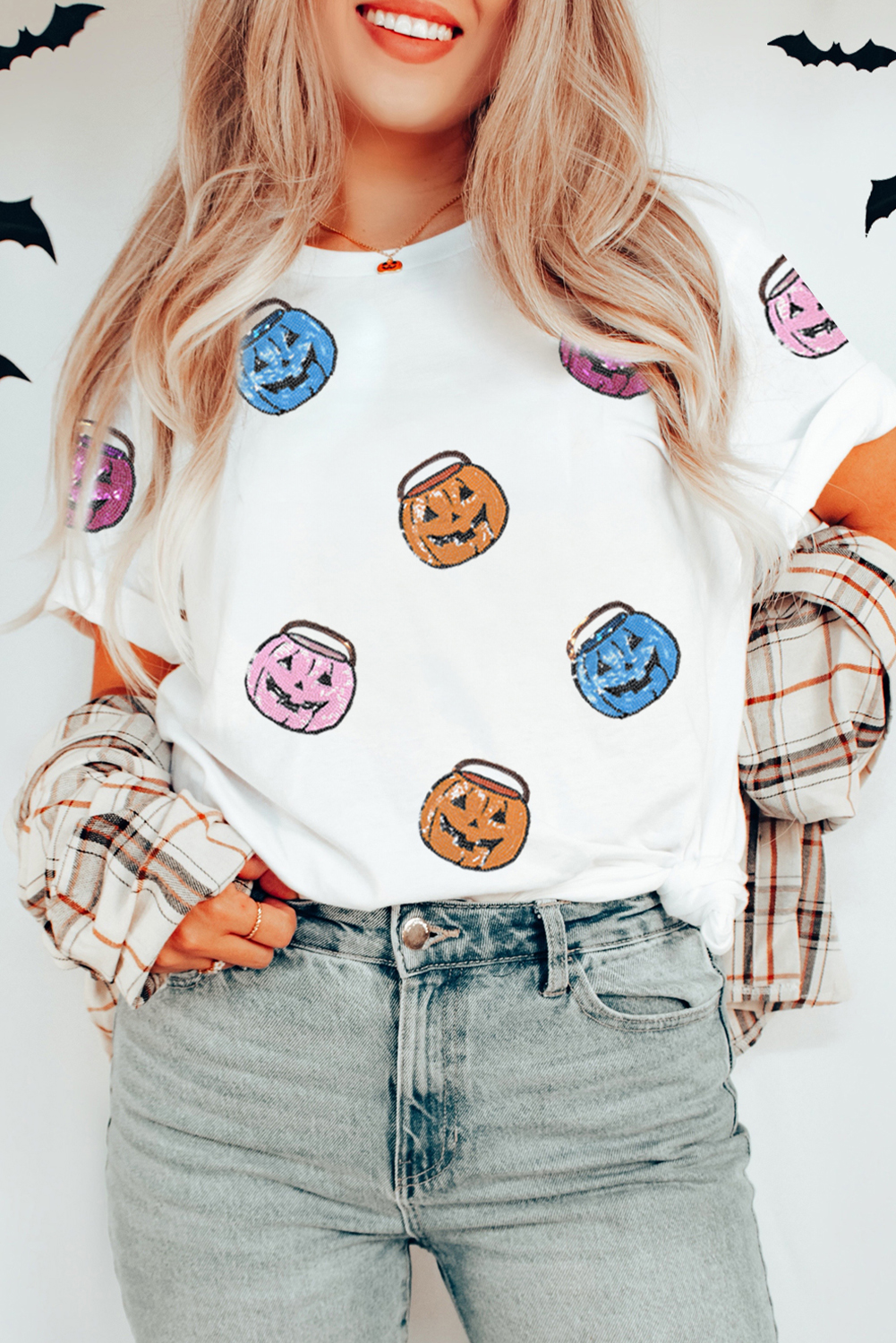 Women's T-Shirt, White, Sequin Design, Pumpkin Face, Crew Neck, Short Sleeve, Casual Wear, Holiday Apparel, Halloween Outfit, Summer Style, Daily Wear, Trendy, Comfortable - Detail View 8