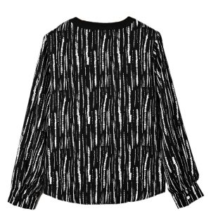 Women's Black Abstract Printed V Neck Blouse – Casual Long Sleeve Top for Fall - Main View