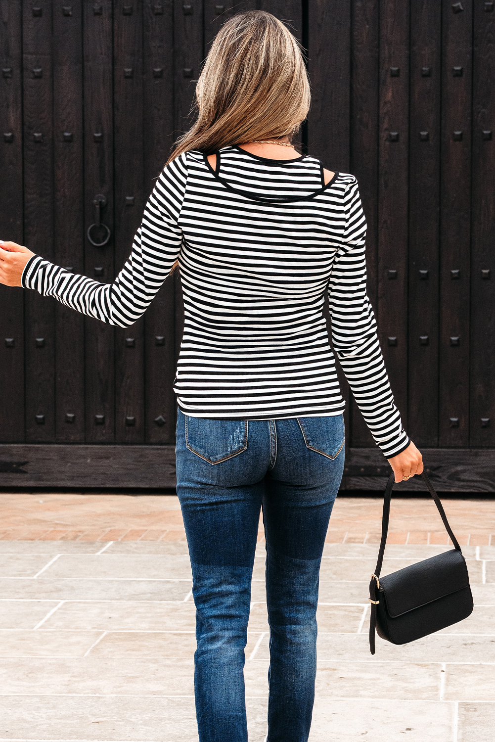 Casual Black Stripe Long Sleeve Top with Cold Shoulder Cut-Out Design - Detail View 2