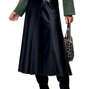 Women's Black Faux Leather Flared Midi Skirt – Retro Buckle Detail for Office & Casual Wear - Main View