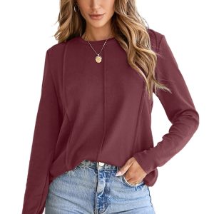 Women's Red Dahlia Solid Crew Neck Long Sleeve Top with Exposed Seam - Main View