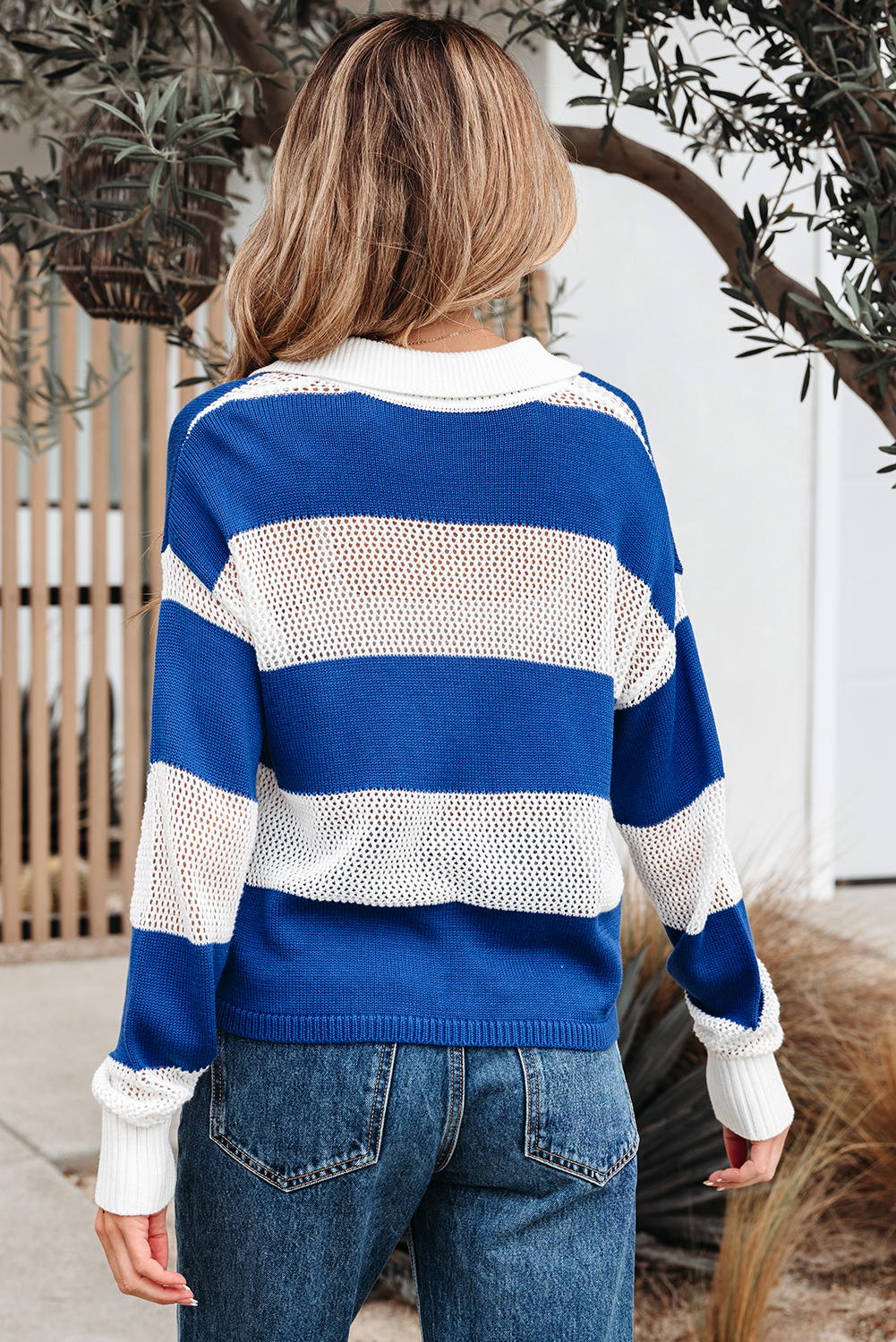 Casual and Comfy Long Sleeve Sweater with Unique Eyelet Crochet Design - Detail View 2