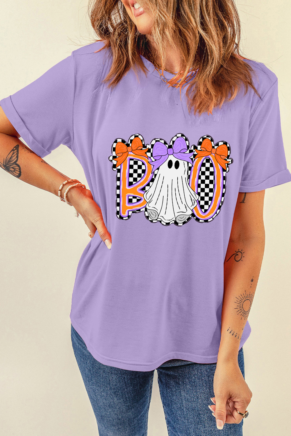 Women's T-Shirt, Halloween Graphic Tee, Wisteria Color, Checkered Bow, Casual Style, Short Sleeve, Round Neck, Daily Wear, Summer Top, Cute Ghost Print, Fun Slogan Tee - Detail View 8