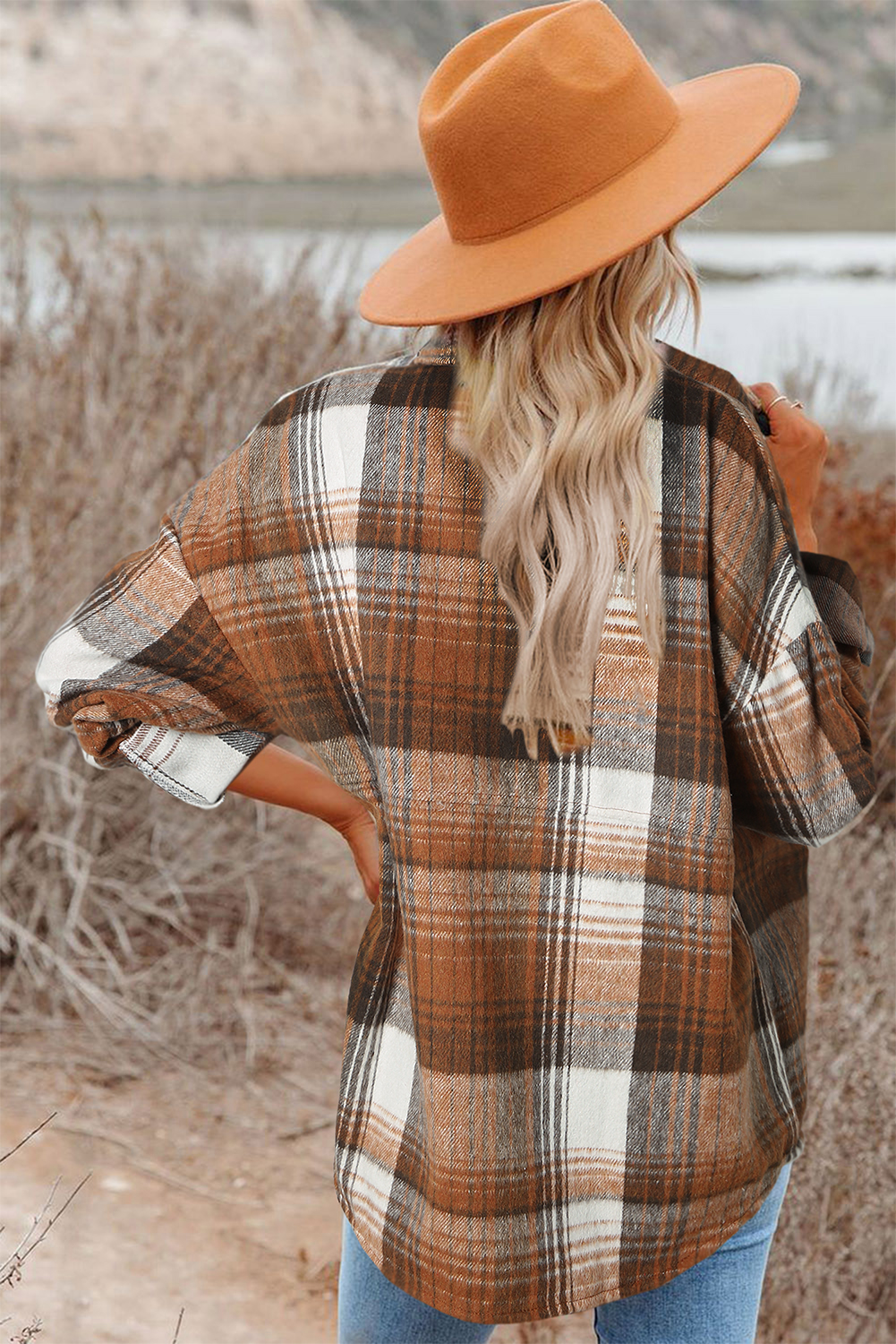 Trendy Long Sleeve Brown Plaid Shacket with Flap Pockets for Daily Wear - Detail View 2