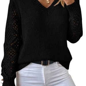 Women's Black V-Neck Patchwork Sweater for Office Wear