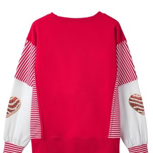 Women's Fiery Red Sequin Heart Graphic Sweatshirt – Striped Patchwork for Valentine's Day