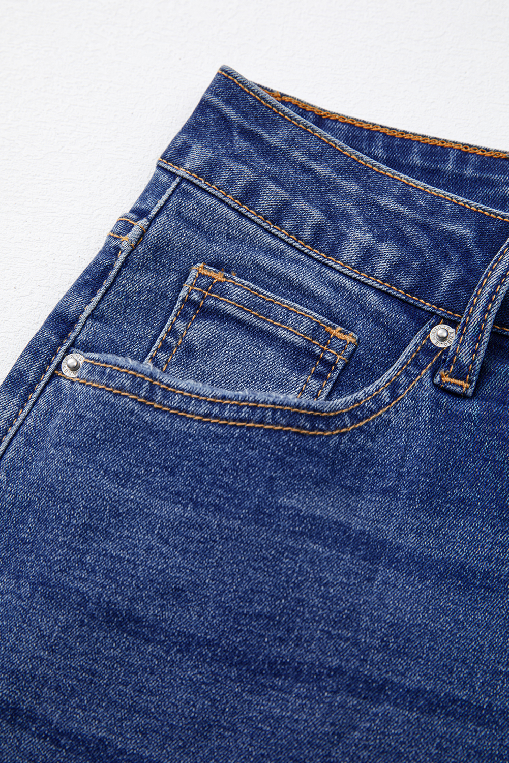 Women's Casual Straight Leg Denim – High Rise Dark Blue Washed Jeans with Raw Hem - Detail View 11