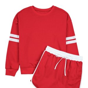 Women's Fiery Red Varsity Stripe Detail Drop Shoulder Pullover Mini Skirt Set - Main View
